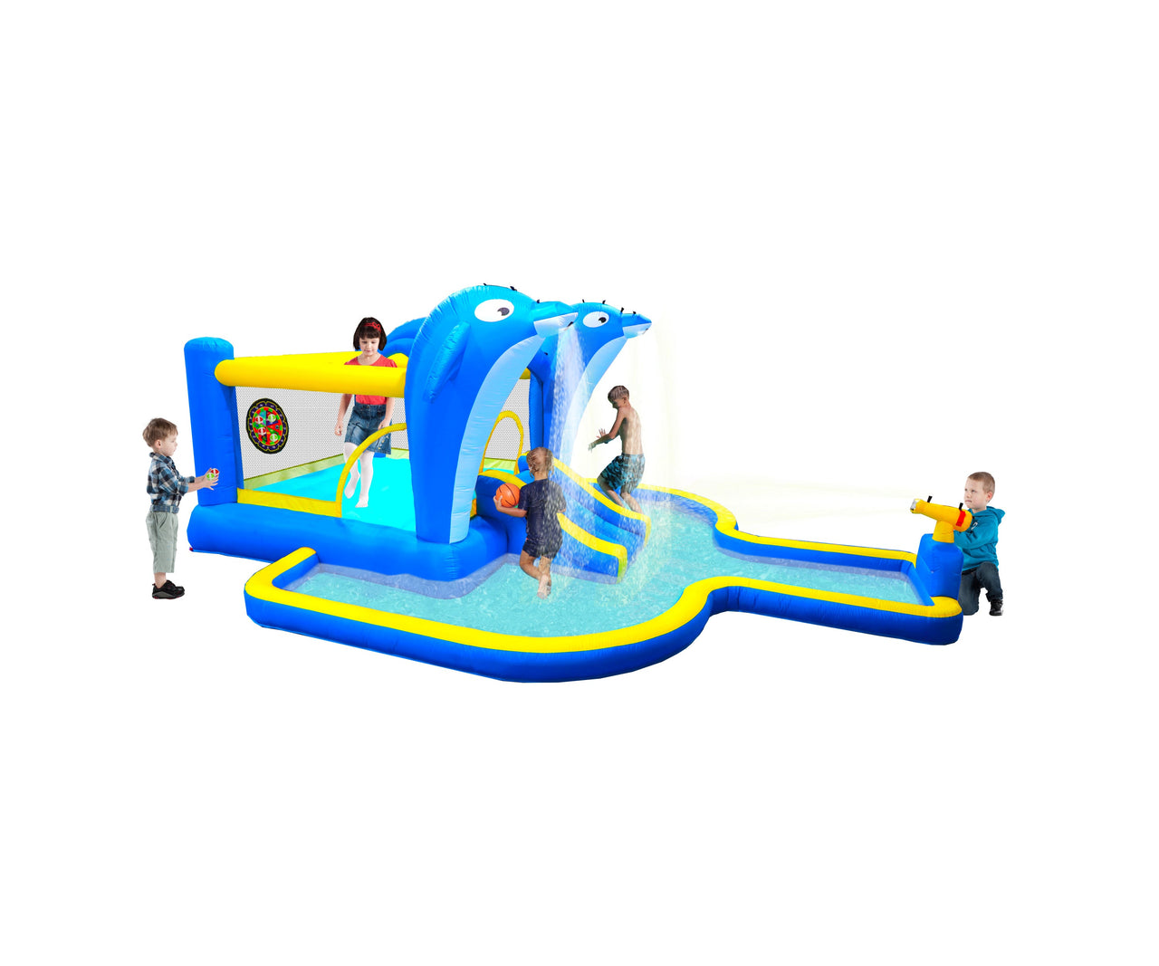 8 in1 Inflatable slide water park trampoline bouncing house outdoor garden with  Dolphin sprinkler & Target games & Water gun & Basketball