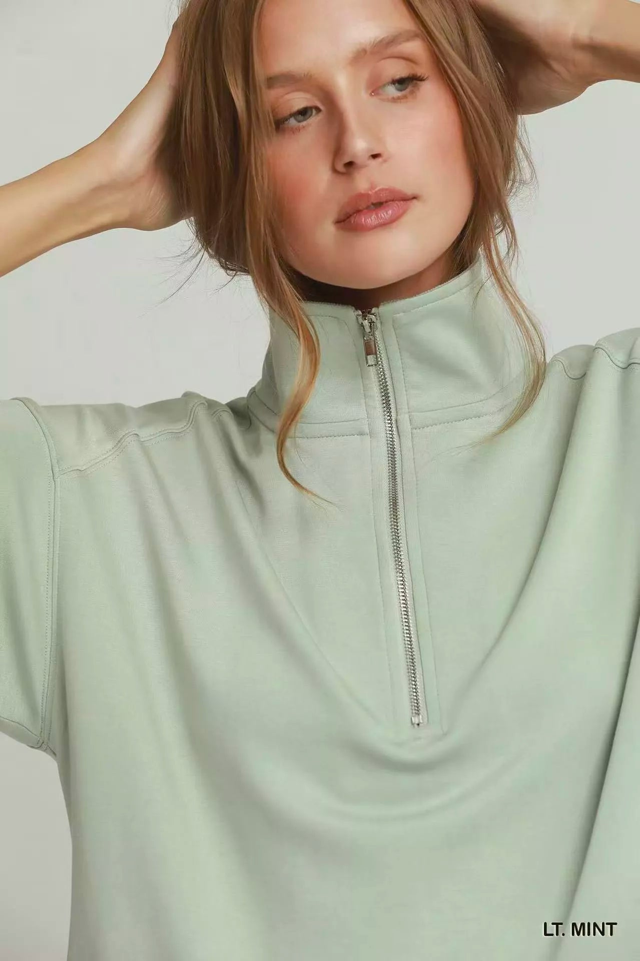 Umgee Half Zip Pullover with Scalloped Edge Hem