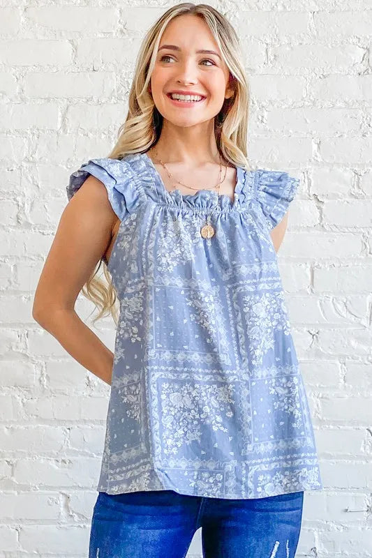 And The Why Boho Print Ruffle Baby Doll Tank Top