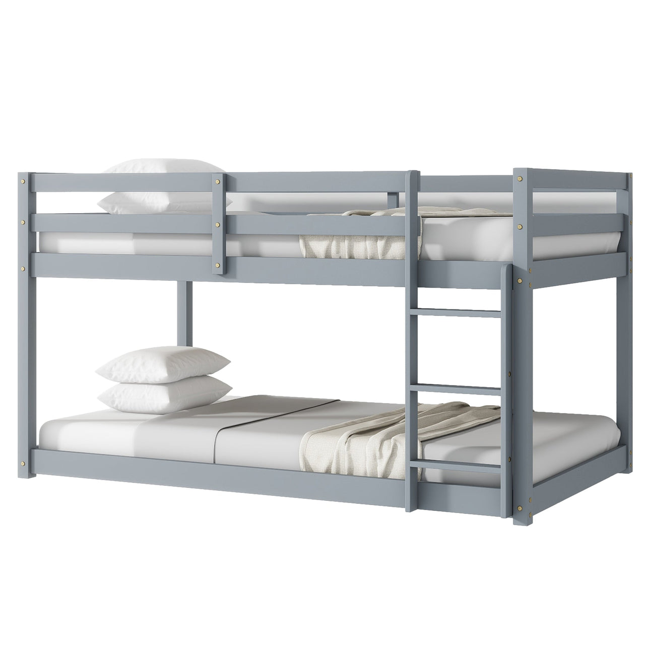 Solid Wooden , Solid Rubber Wooden Twin over Twin Floor Bunk Bed with Ladder ,Upper and Bottom Bed Platforms crafted with Strengthened Slats ,Grey