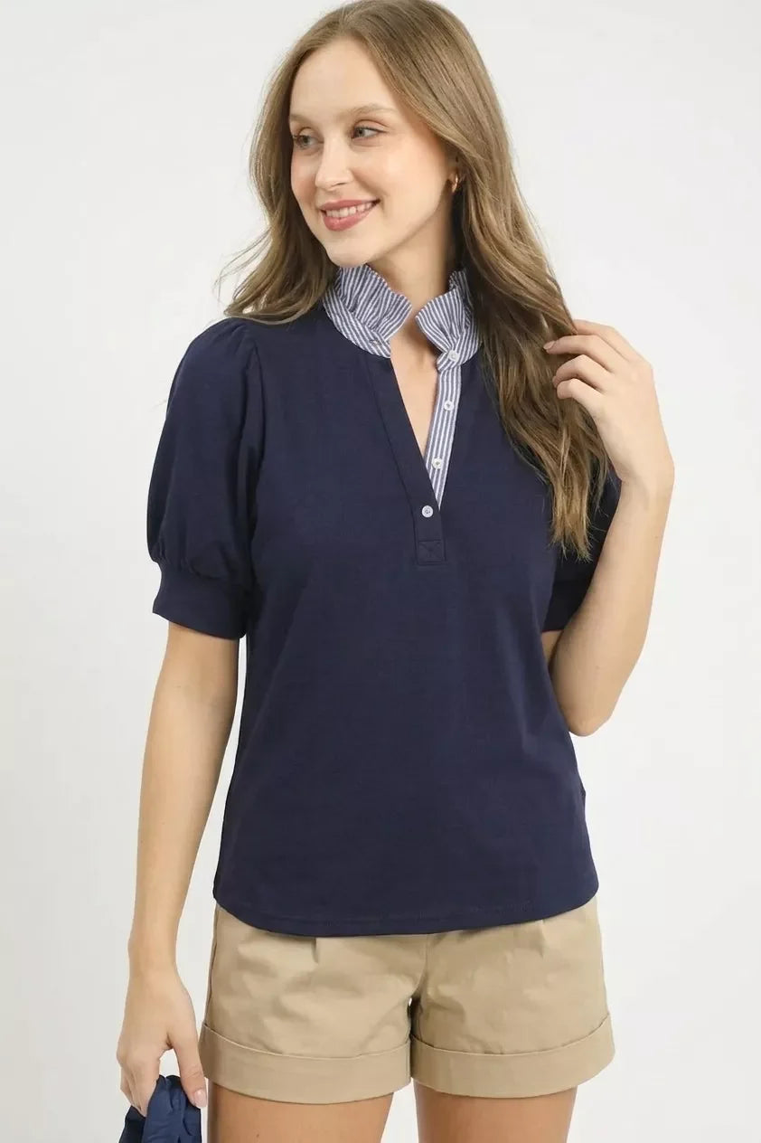 Umgee Striped Collar Popover Top
