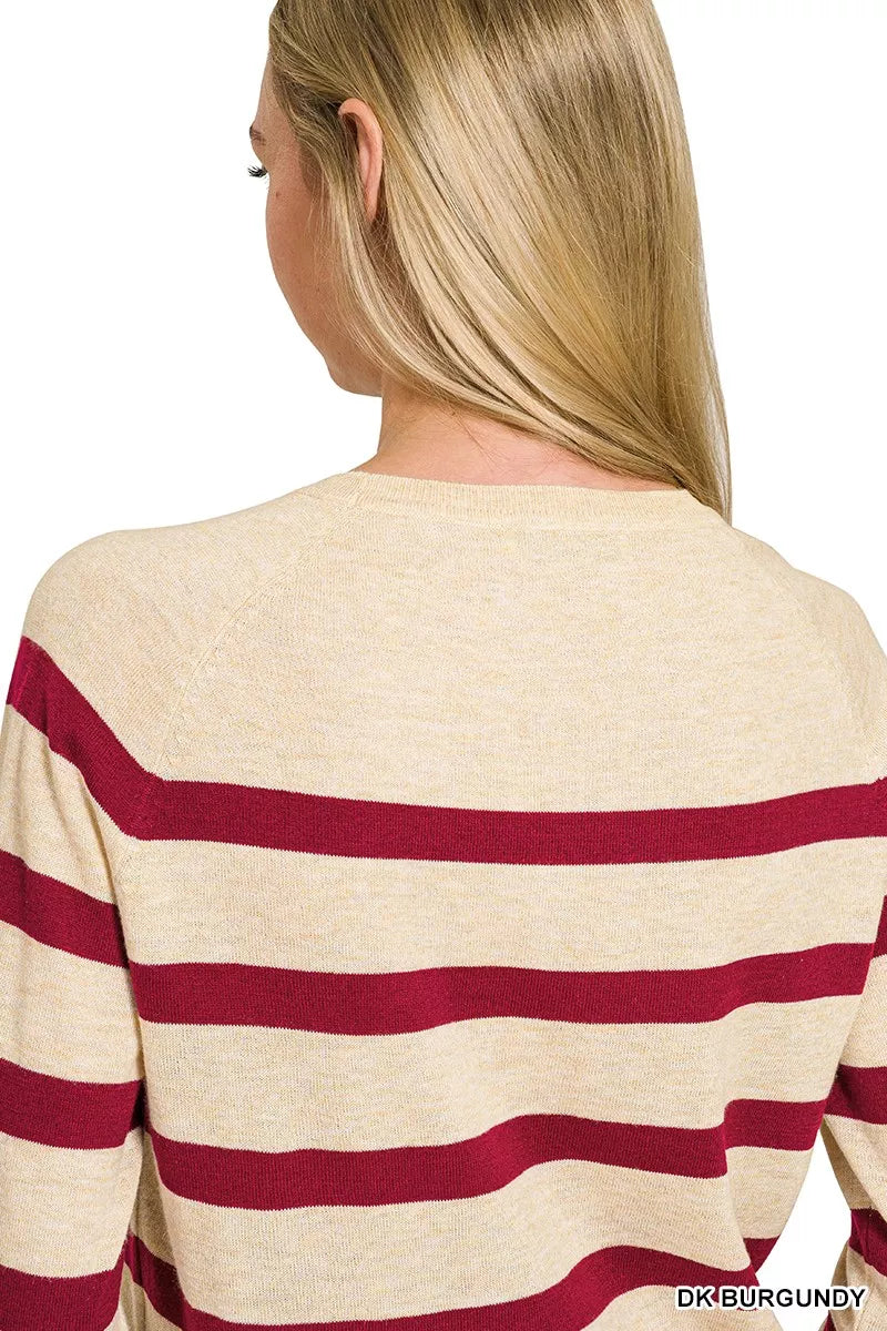 Zenana Lightweight Wool Blend Striped Round Neck Sweater