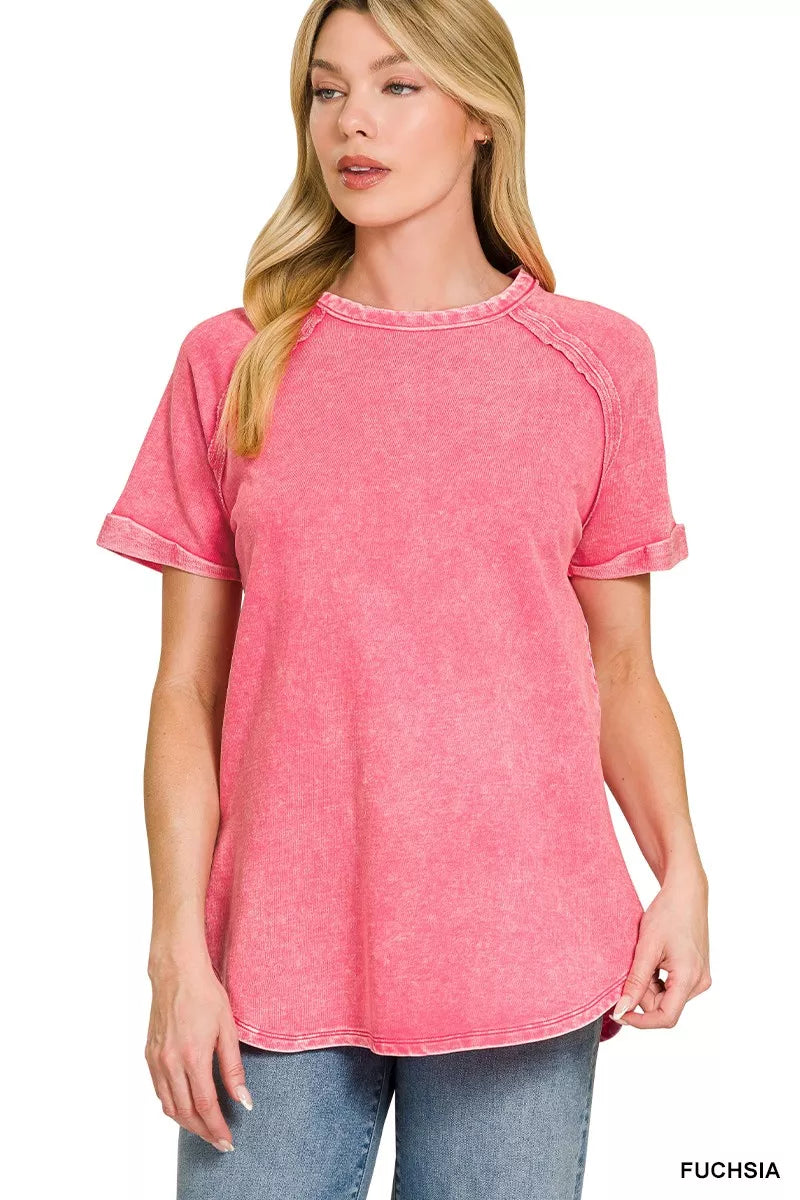 Zenana French Terry Washed Curved Hem Top