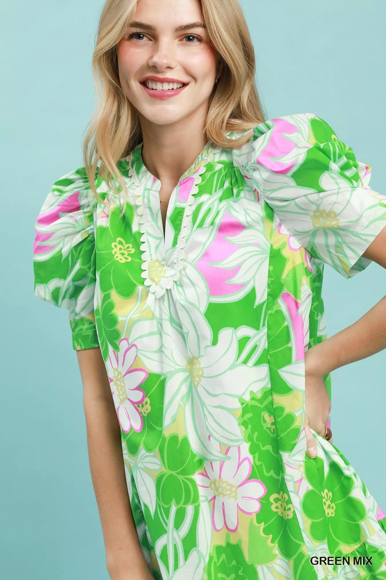 Umgee Floral Puff Sleeve Tiered Mini Dress