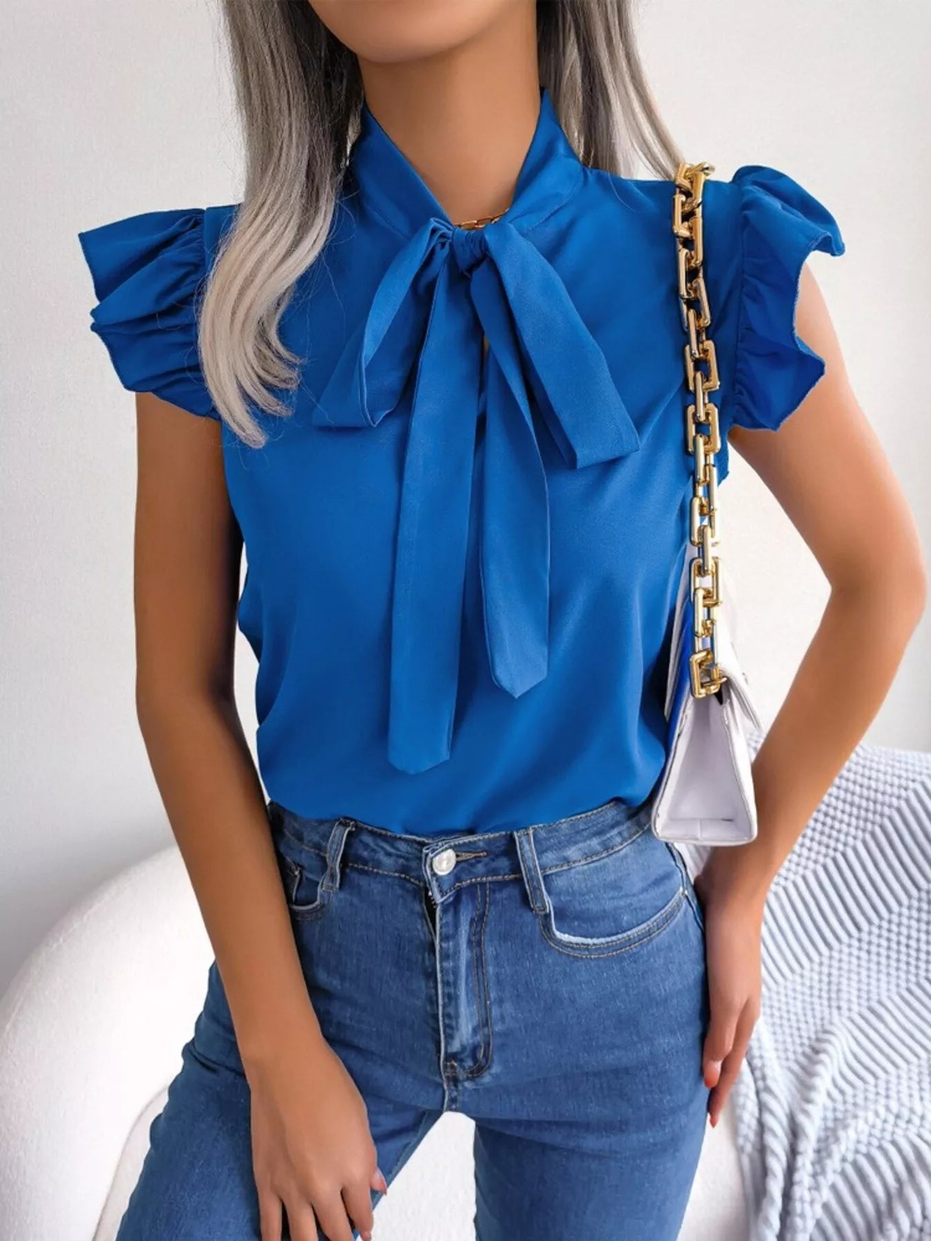 Bow Tie Ruffle Sleeve Blouse
