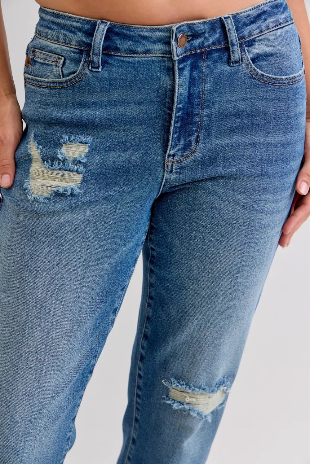 Judy Blue Full Size Mid Rise Bf Patch & Repair Destroyed Release Hem Jeans Plus Size