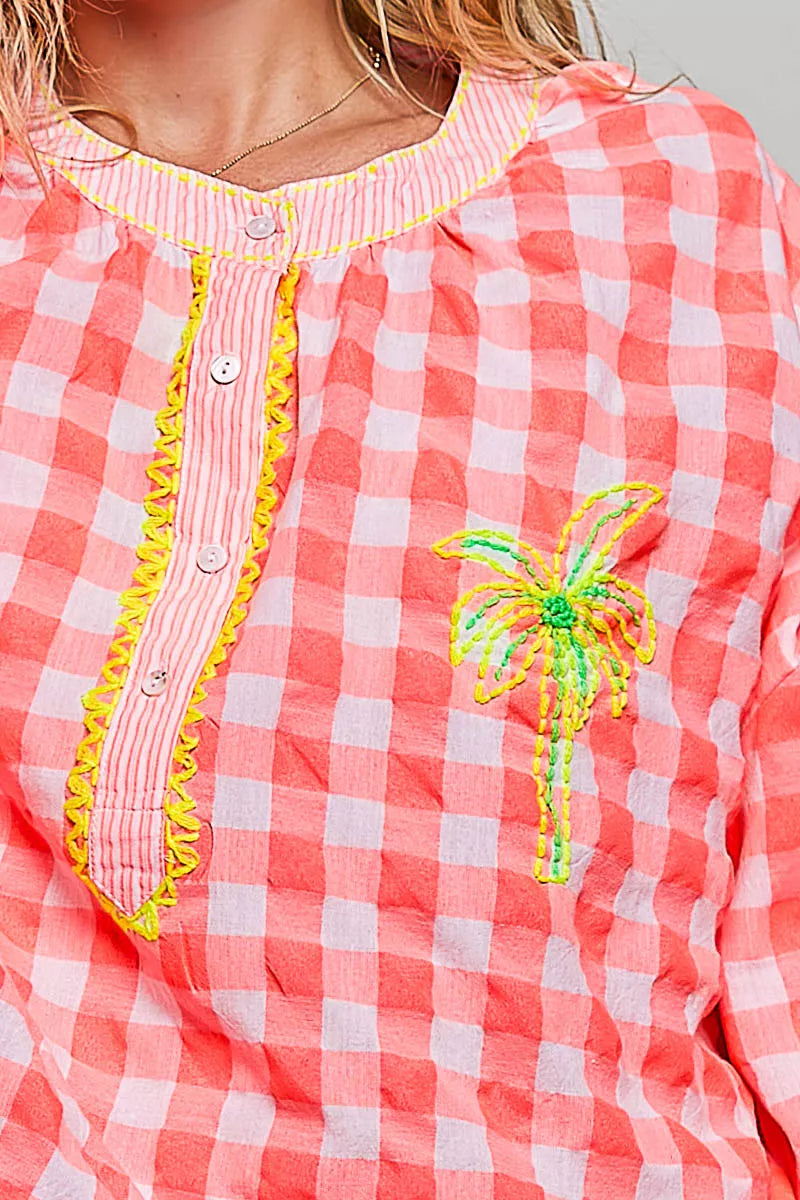 POL Gingham Embroidered Palm Tree Blouse
