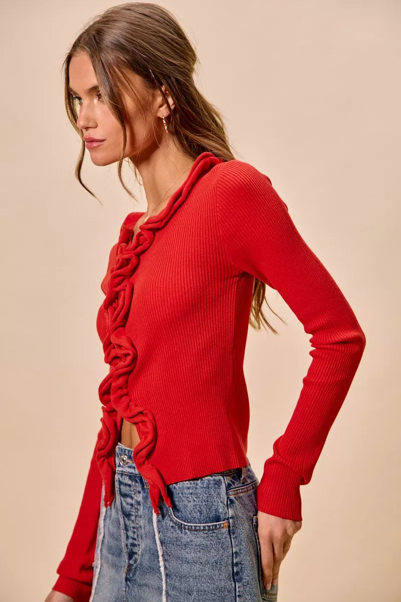 SO ME Cascade Ruffle Ribbed Sweater Cardgian
