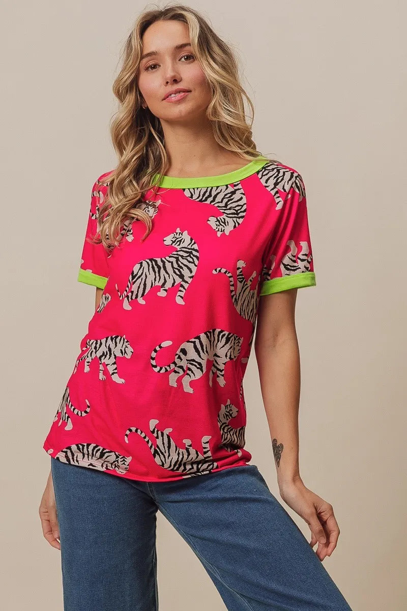 BiBi Big Tiger Print Jersey Contrast Ringer Top