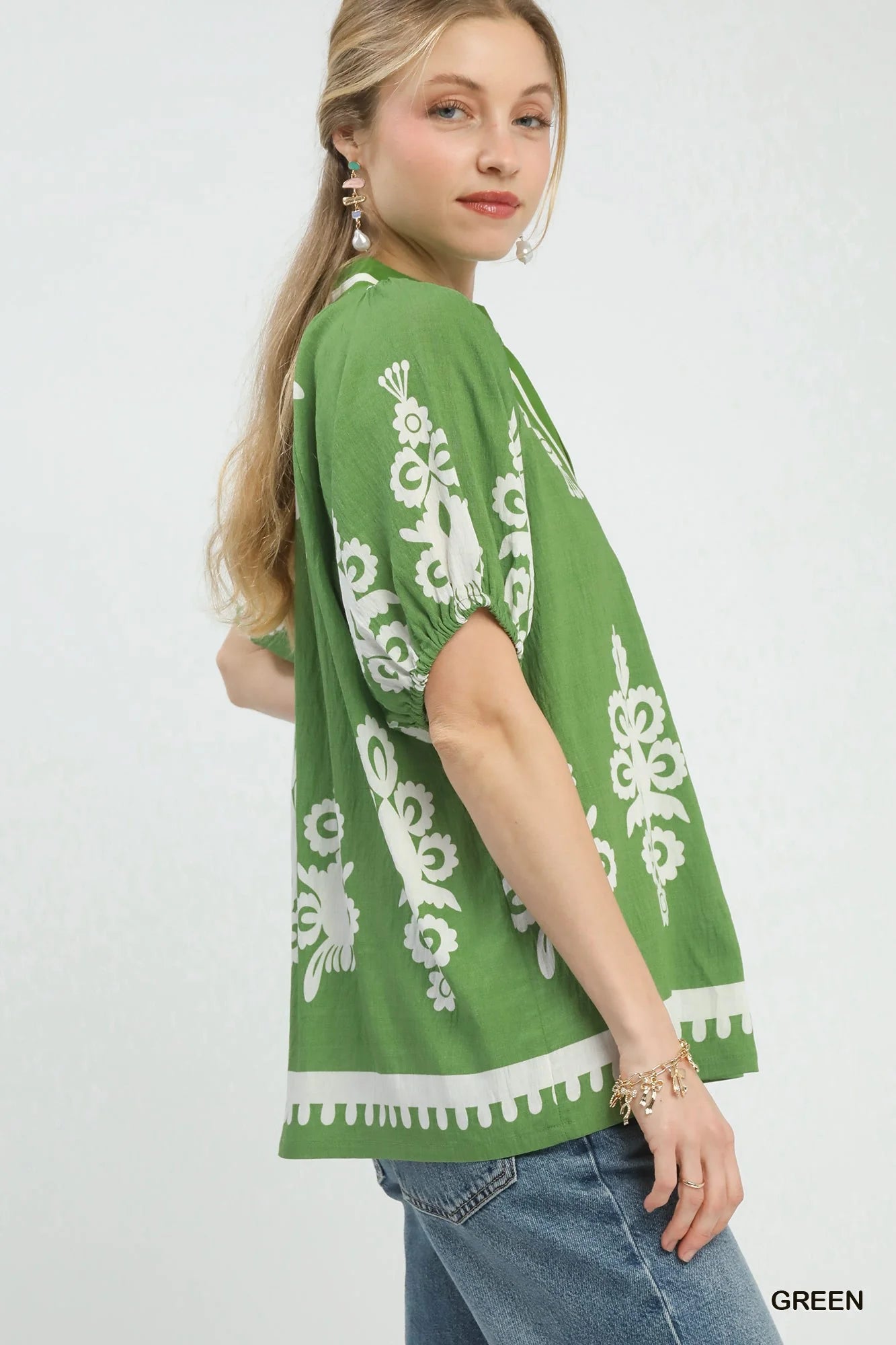 Umgee Boho Print Split-Neck Short Sleeve Top
