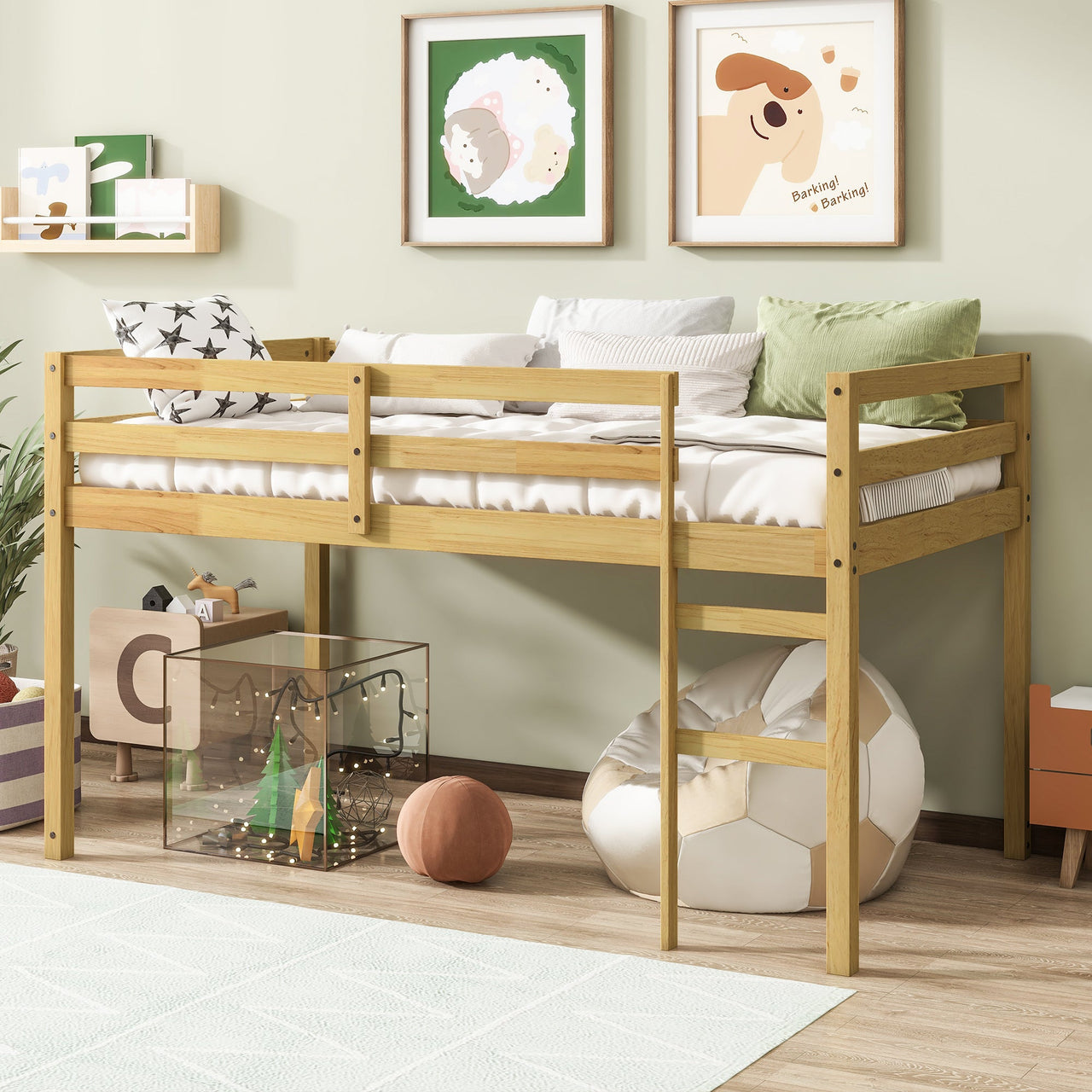 Solid Wooden, Rubber Wooden Twin Loft Bed with Ladder, Bed Platform of Strengthened Slats, Natural