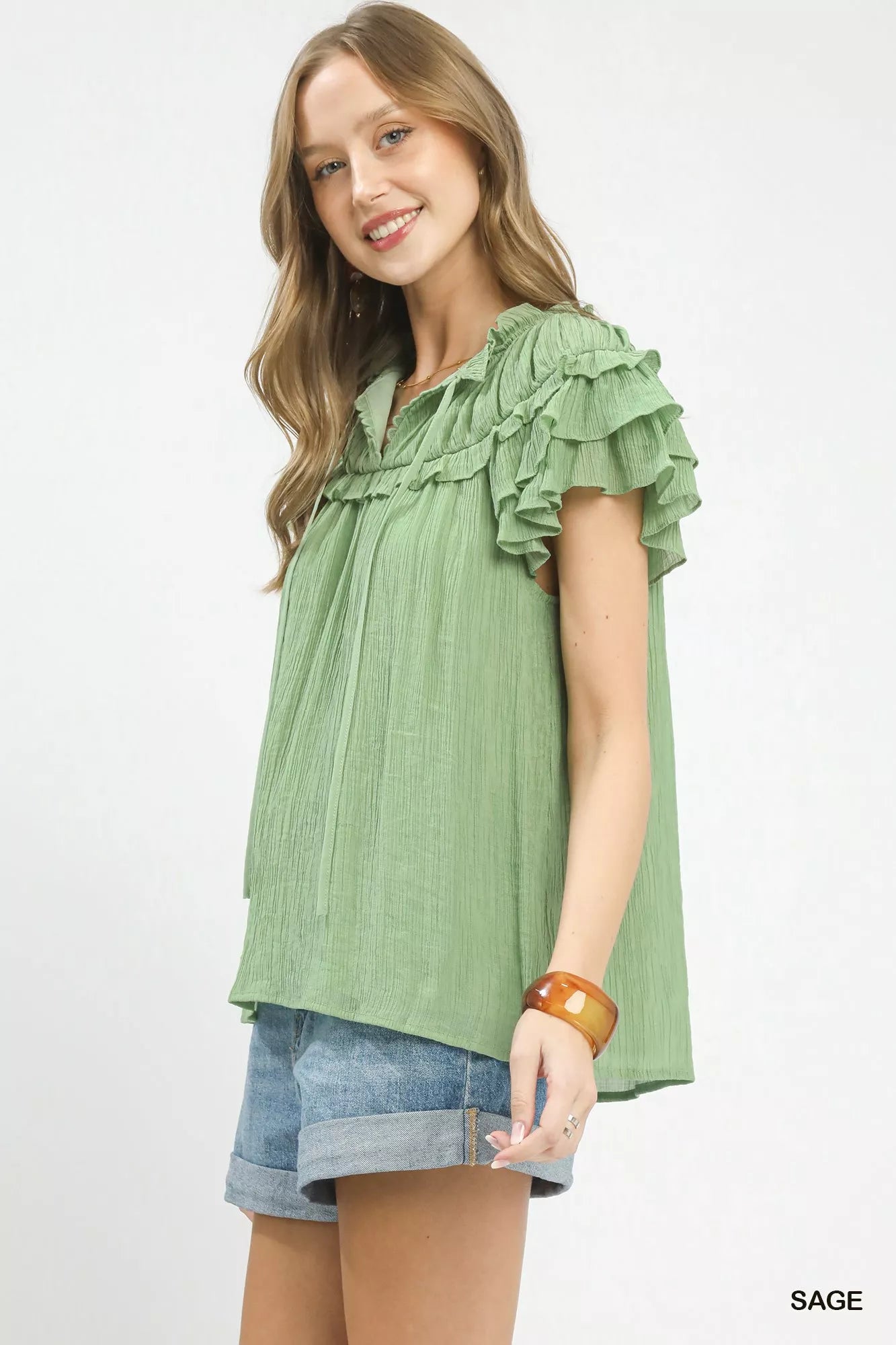 Umgee Ruffled Flutter Sleeve Textured Blouse