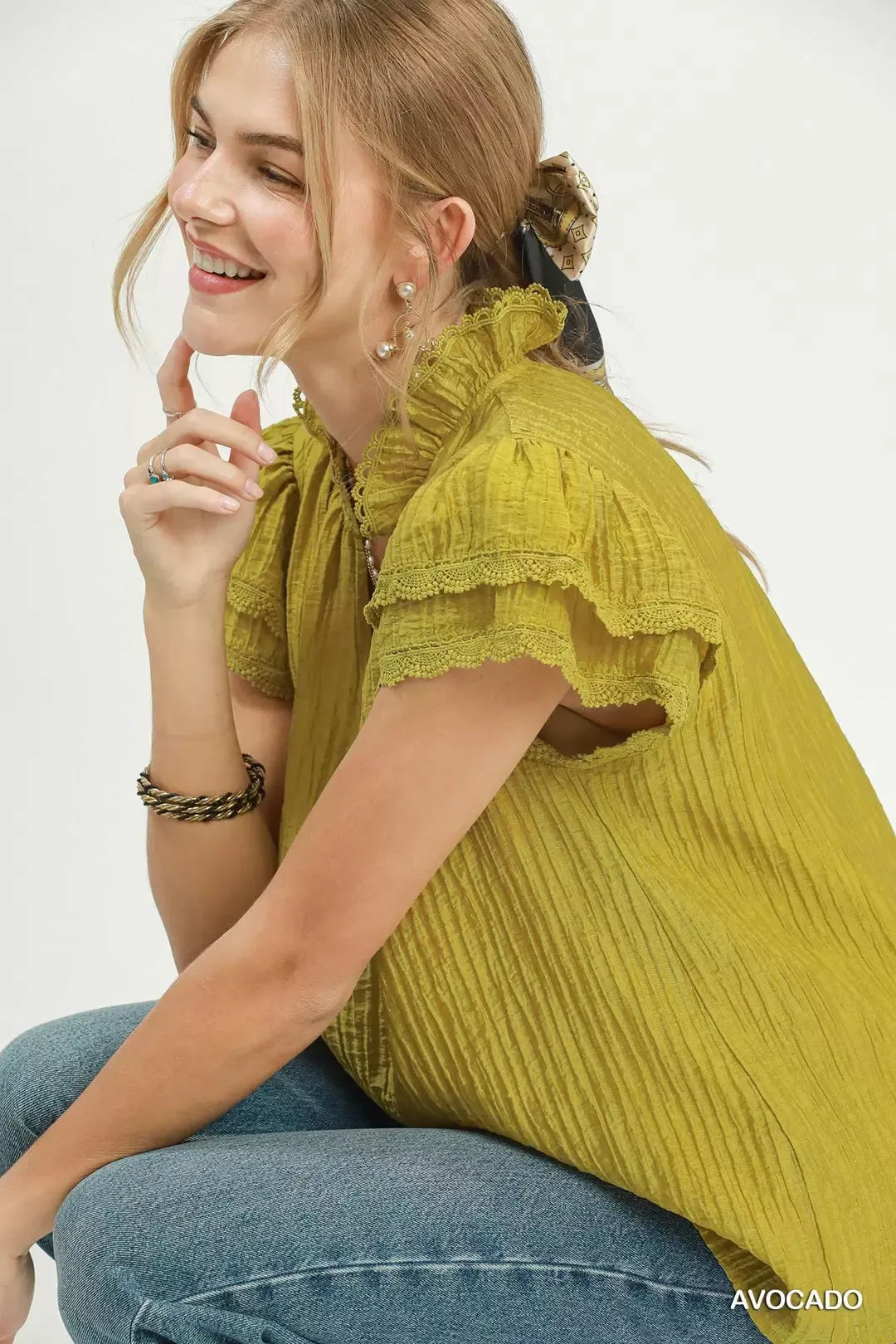 Umgee Lace Trim Ruffle Top