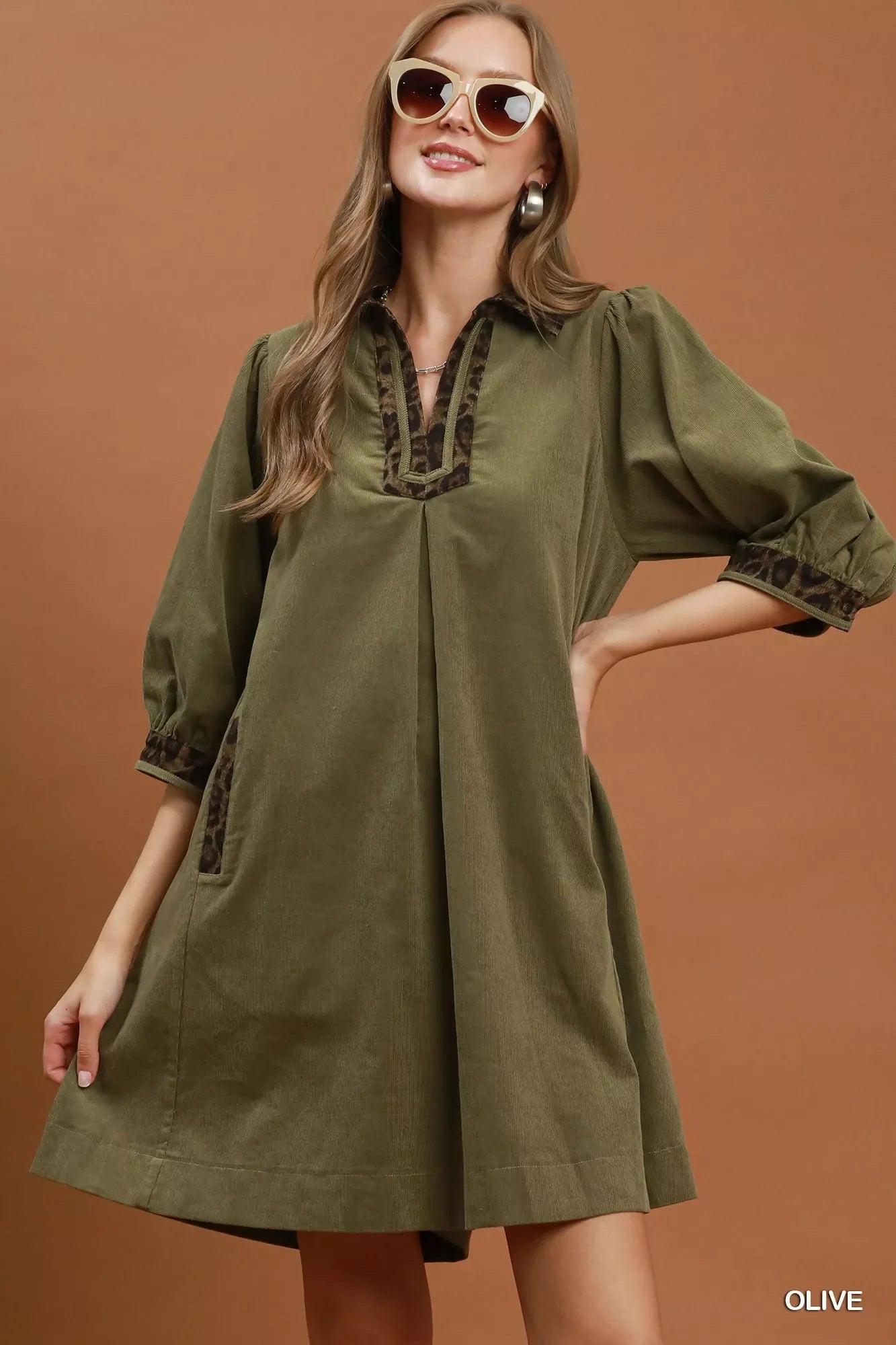 Umgee V-Neck Shift Dress with Contrast Trim