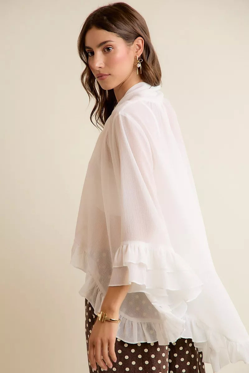 SO ME Sheer Ruffle Bell Sleeves Bow Tie Flowy Blouse Top