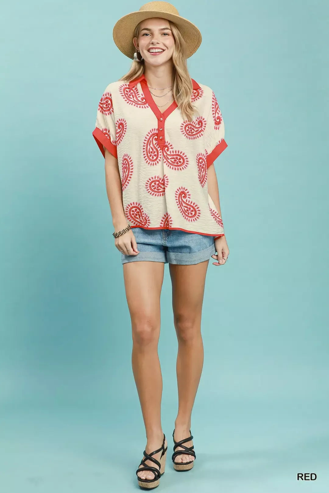 Umgee Paisley Print Contrast Trim Top