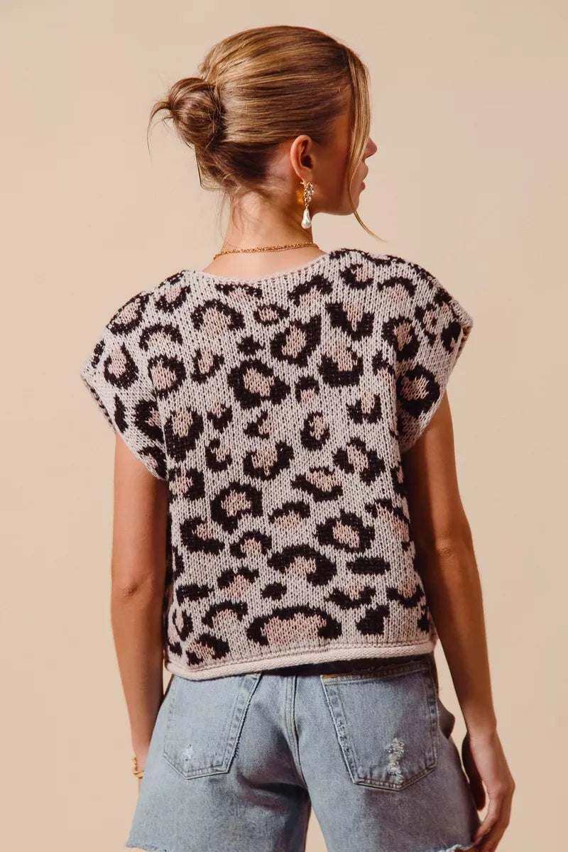 SO ME Big Metal Button Front Leopard Sweater Vest Top
