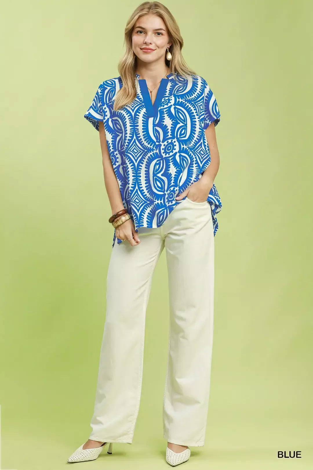 Umgee Geometric Print V-Neck Short Sleeve Top
