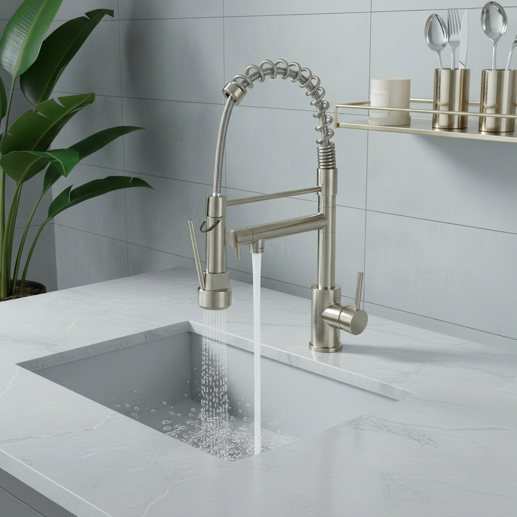 Kitchen Faucet with Pull Down Sprayer, Touch On Single Handle 2- Function Stainless Steel Spring Neck, Single Hole Installation for Residential, Commercial, RV, Bar & More, Brushed Nickel