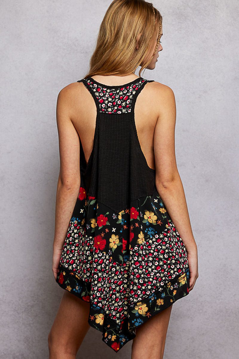 POL Round Neck Ribbed Tank with Woven Print Patch