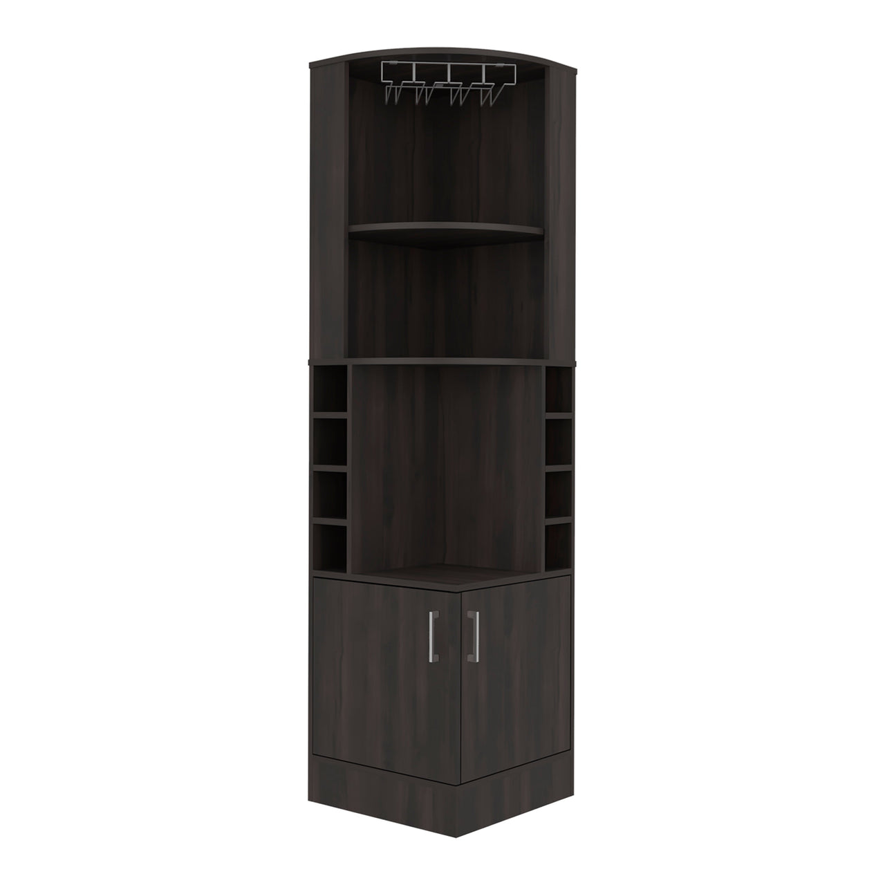 Cairo Corner Bar Cabinet with Double Door Cabinet, Glass Rack, Eight Built-in Wine Rack, Dark Walnut