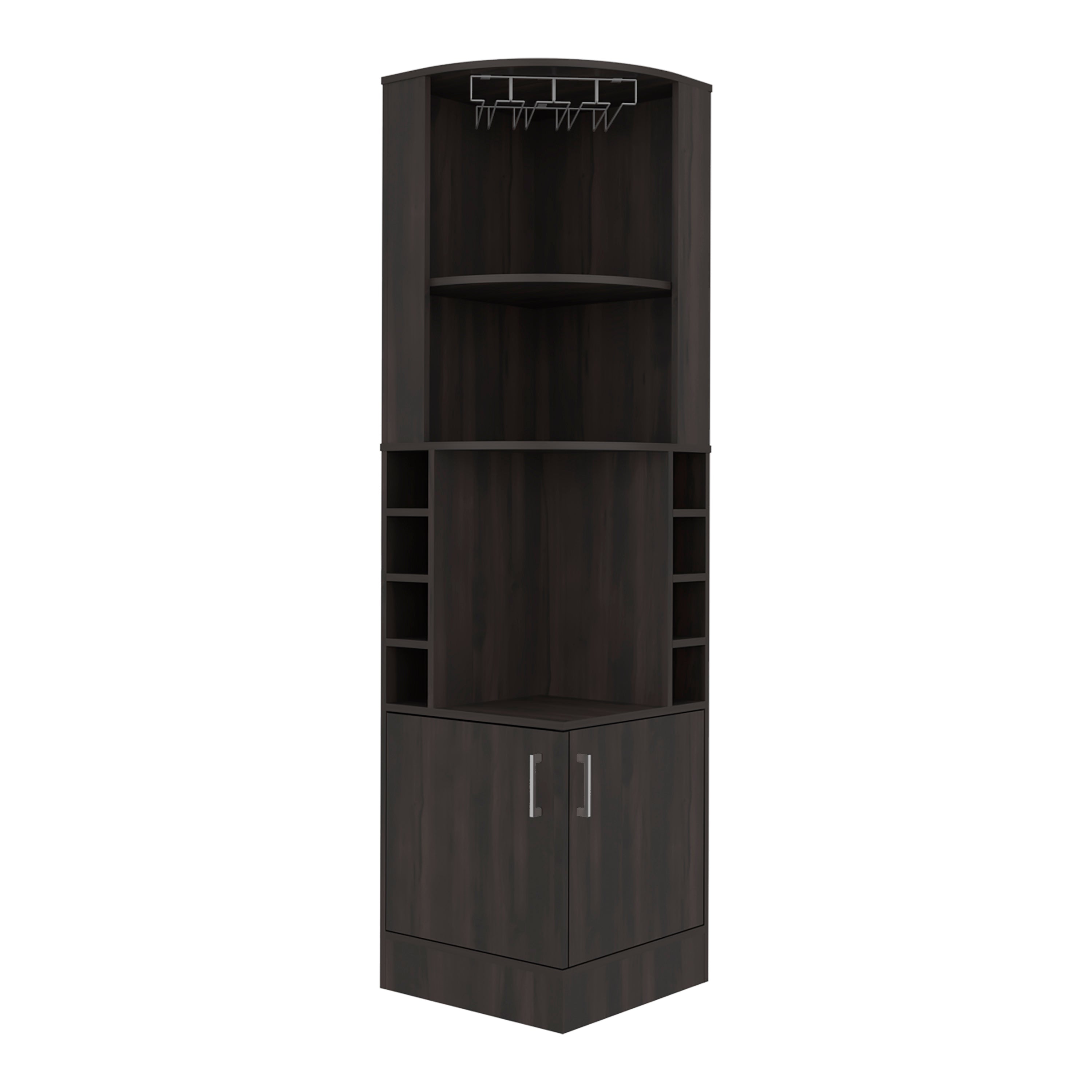 Cairo Corner Bar Cabinet with Double Door Cabinet, Glass Rack, Eight Built-in Wine Rack, Dark Walnut