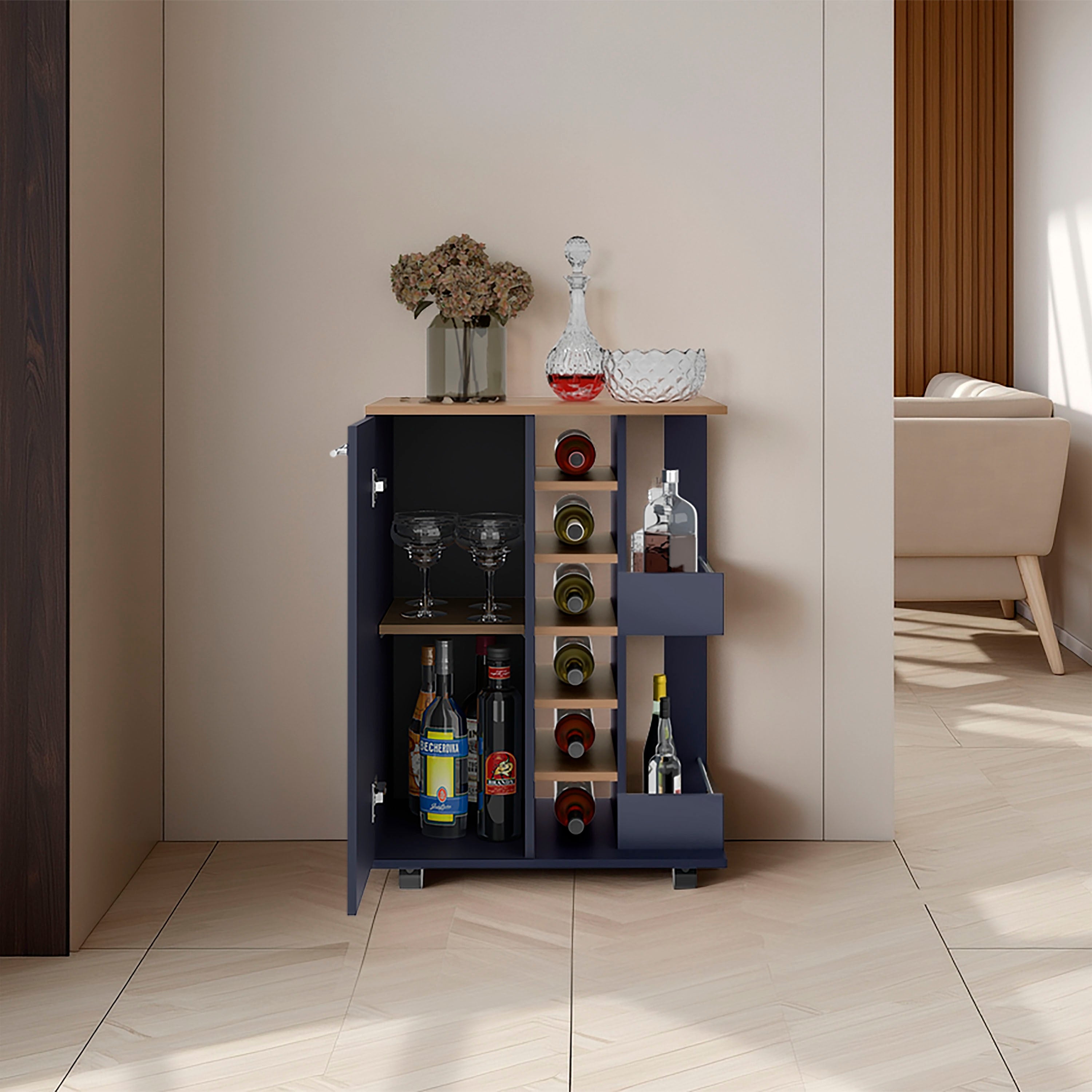 Carefree bar cabinet, bottle racks, double side shelves, modern design in Kronos Ash and Kronos Blue.