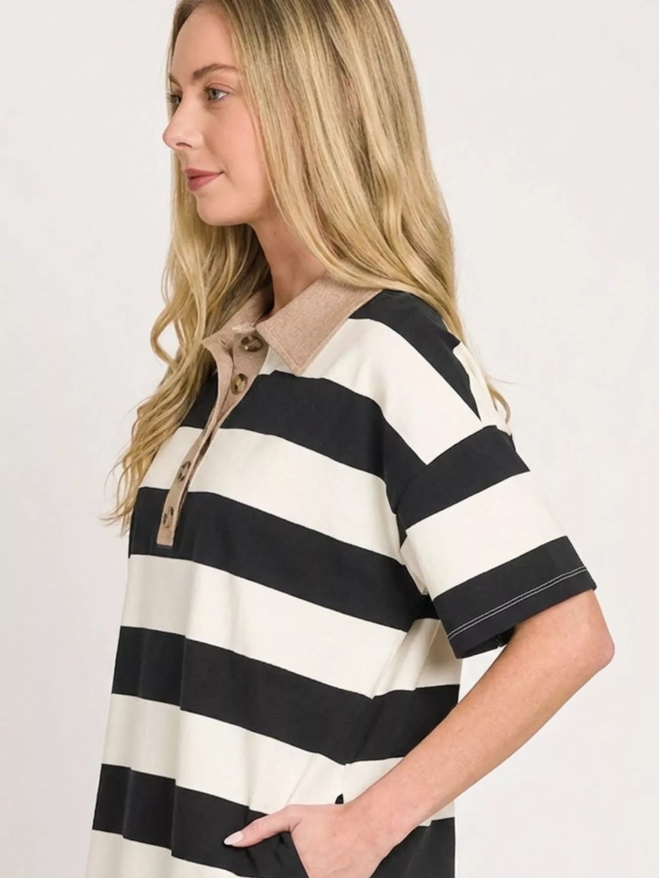 Zenana Striped Collared Polo Top