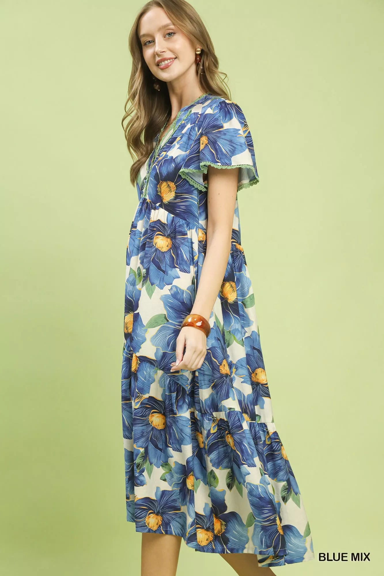 Umgee Tropical Floral V-Neck Flutter Sleeve Tiered Midi Dress
