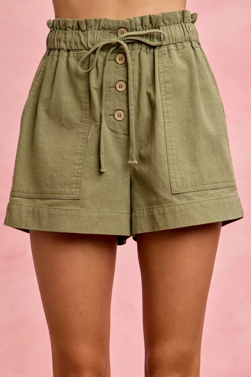 SO ME Paper Bag Patch Pocket Drawstring Twill Shorts