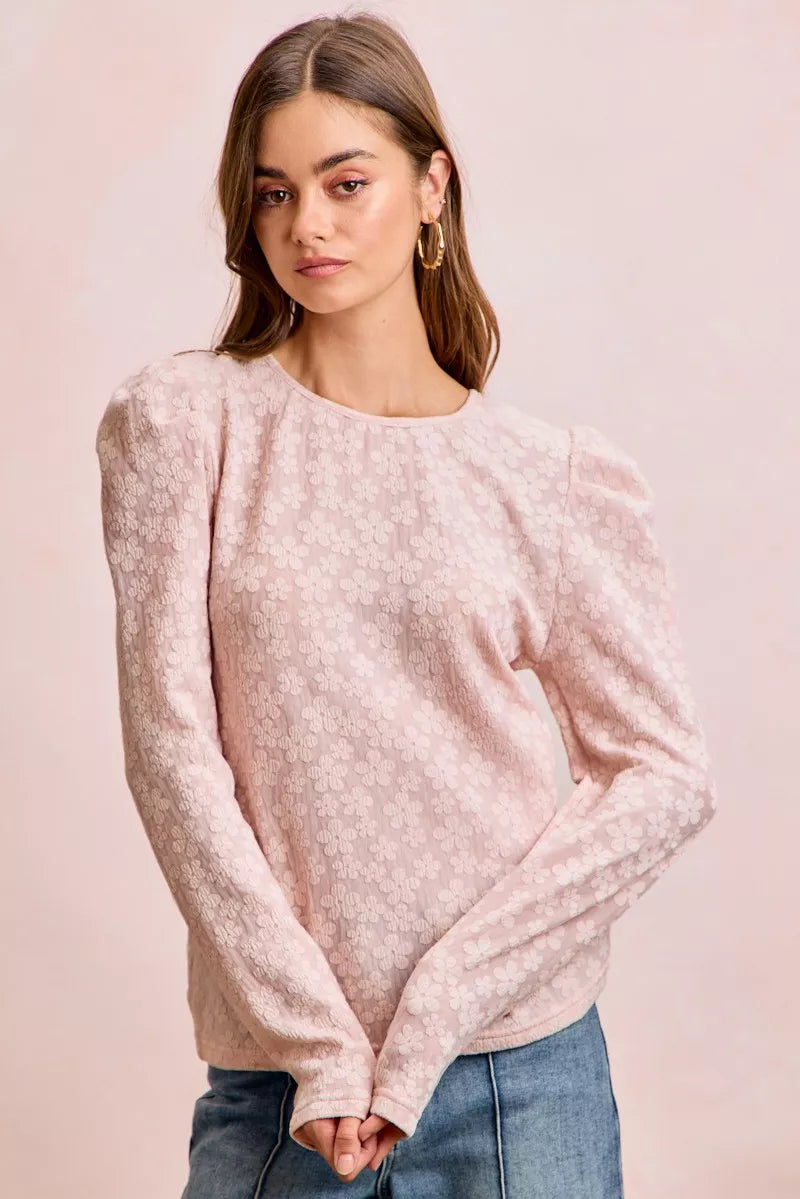 BiBi Textured Flower Knit Puff Shoulder Top
