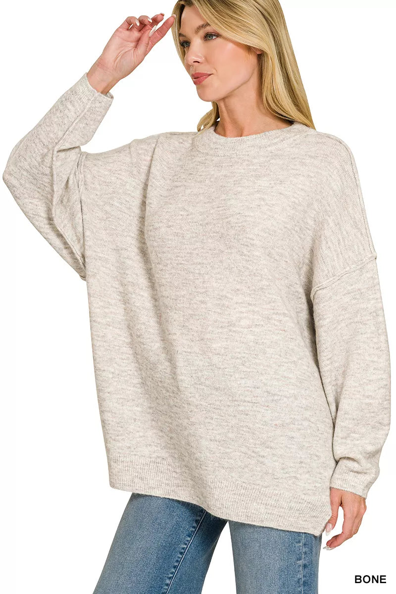 Zenana Oversized Round Neck Exposed Seam Melange Sweater