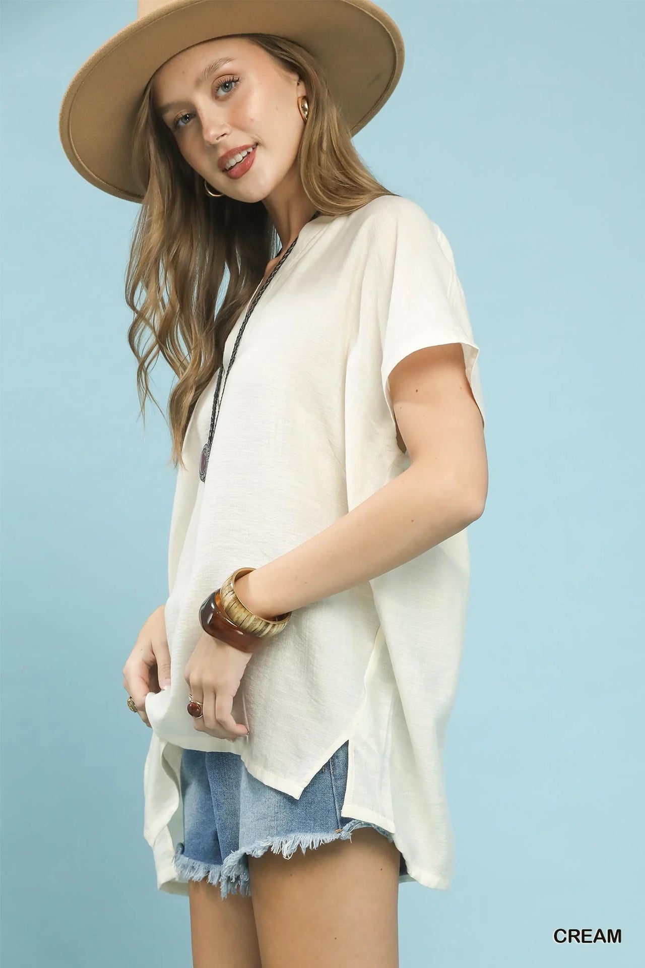 Umgee Flowy V-Neck Short Sleeve Blouse