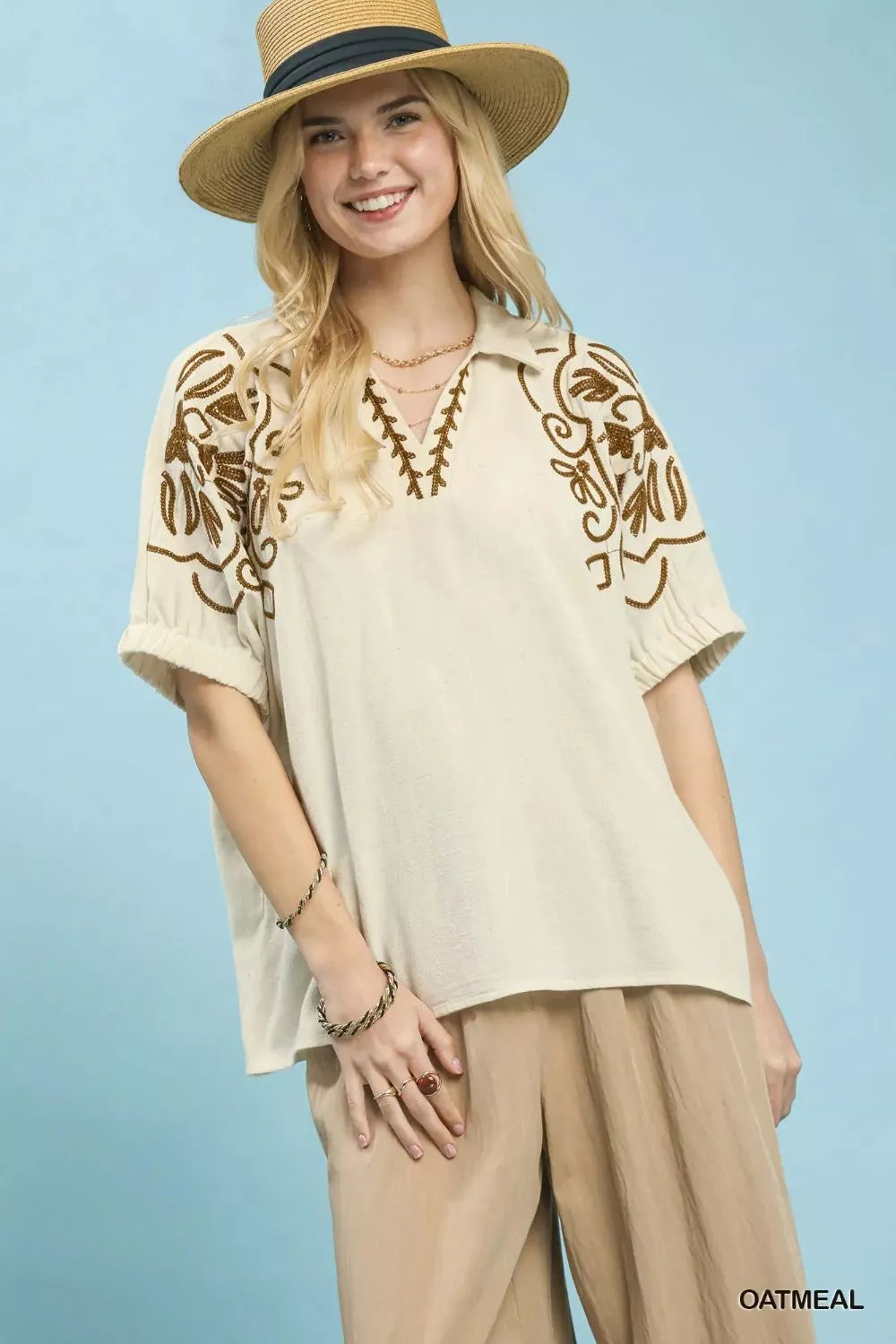 Umgee Floral Embroidered Sleeve Blouse