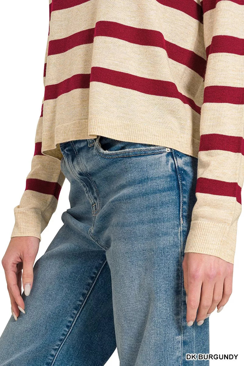 Zenana Lightweight Wool Blend Striped Round Neck Sweater