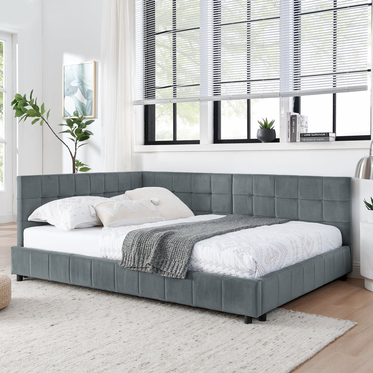 Velvet Grey Full Size Upholstered Tufted Bed Frame with Backrest and Armrests, 80.5''*59''*30.5''