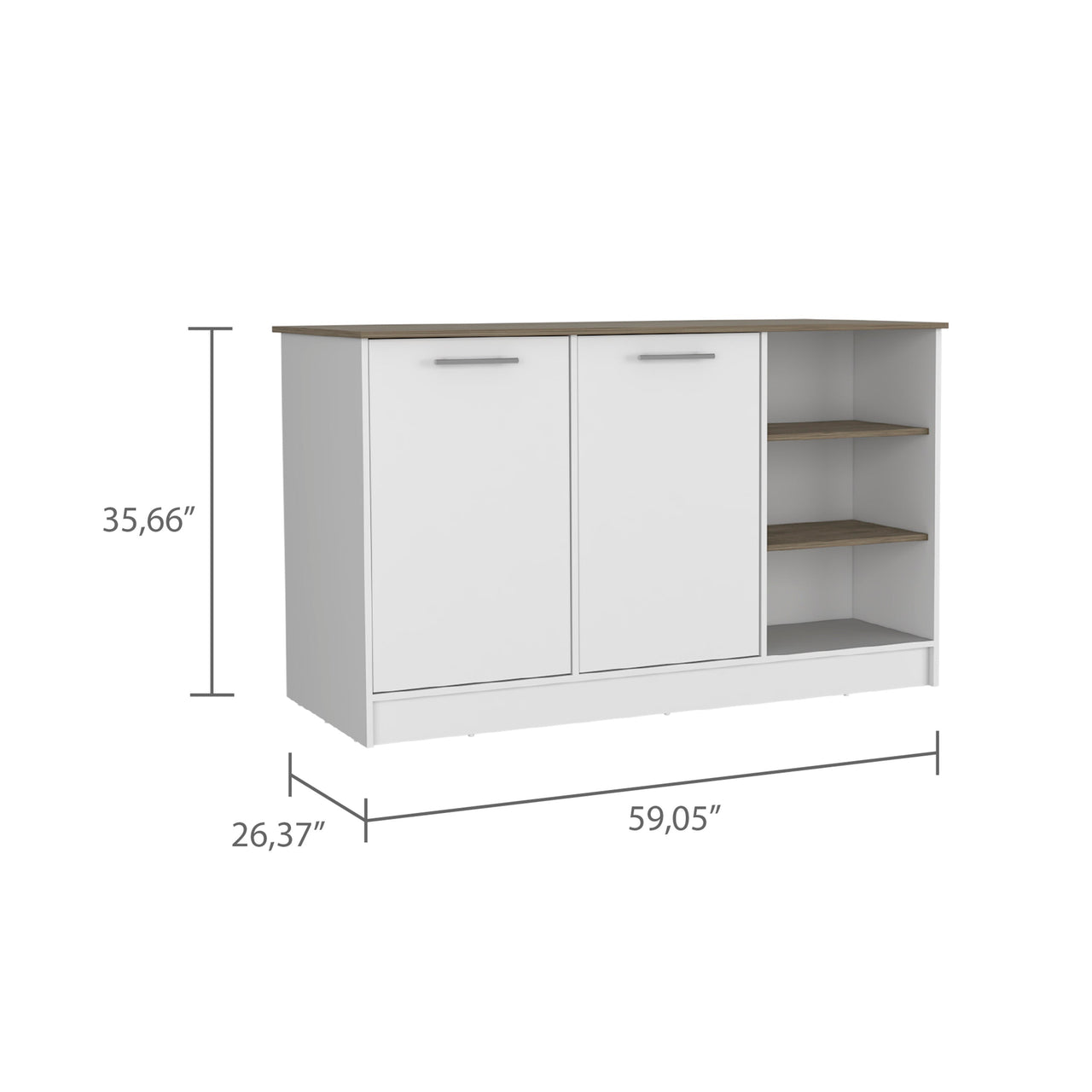 Kitchen Island Two Cabinets, Three Open Shelves, White / Dark Brown