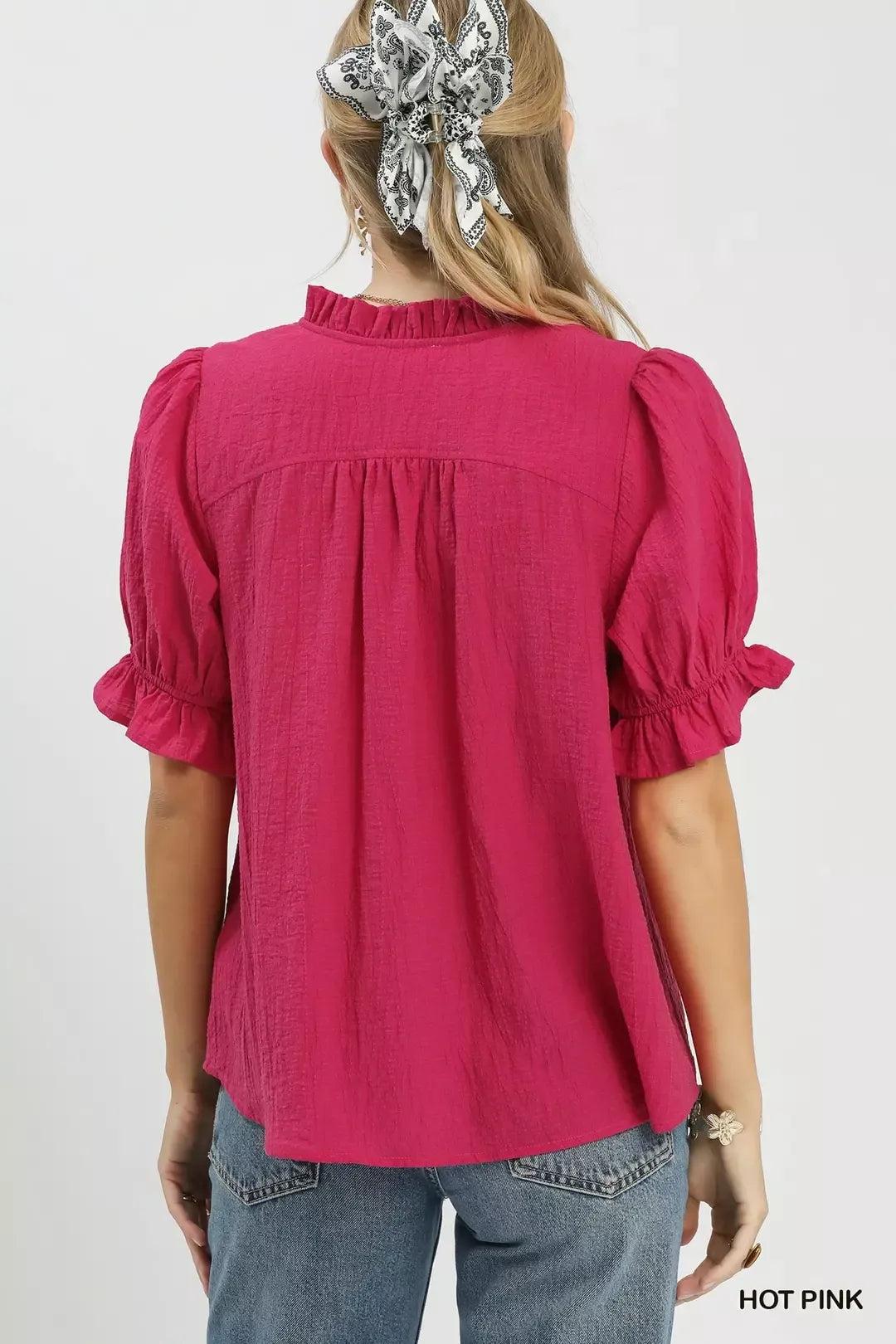 Umgee Textured Button-Front Puff Sleeve Top
