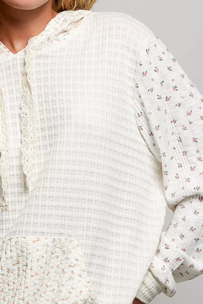POL Mixed Knit Contrast Print Sleeve Hoodie with Kangaroo Pocket