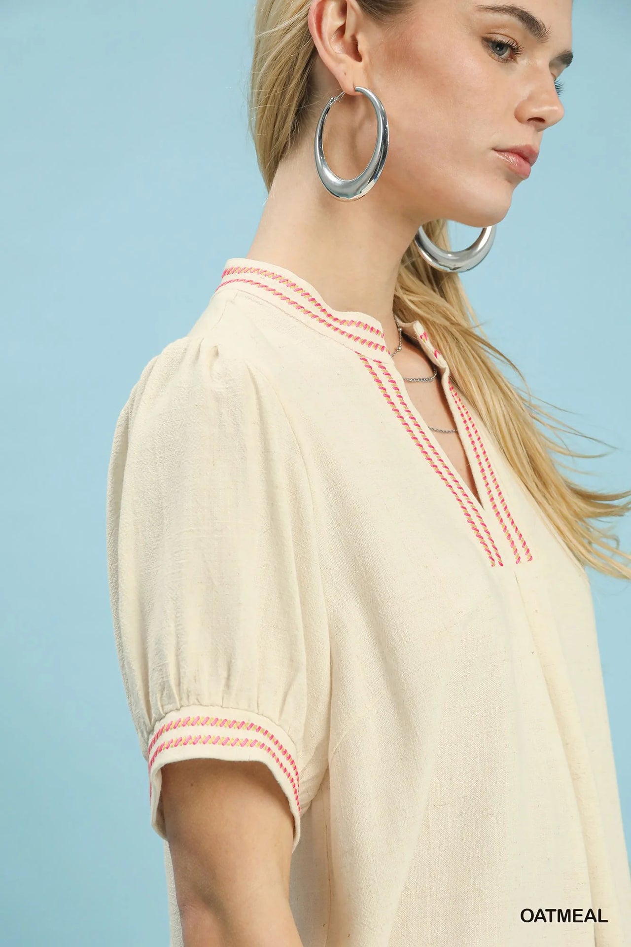 Umgee Embroidery Linen Puff Sleeve Blouse