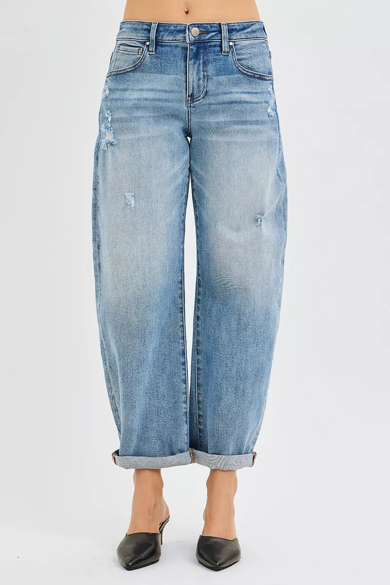 RISEN Full Size Slouchy Ankle Length Barrel Jeans with Cuffs Plus Size