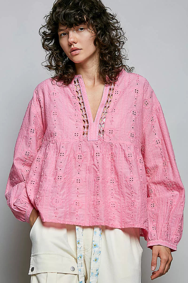 POL Eyelet Lace Split Neck Gathered Empire Waist Cotton Blouse