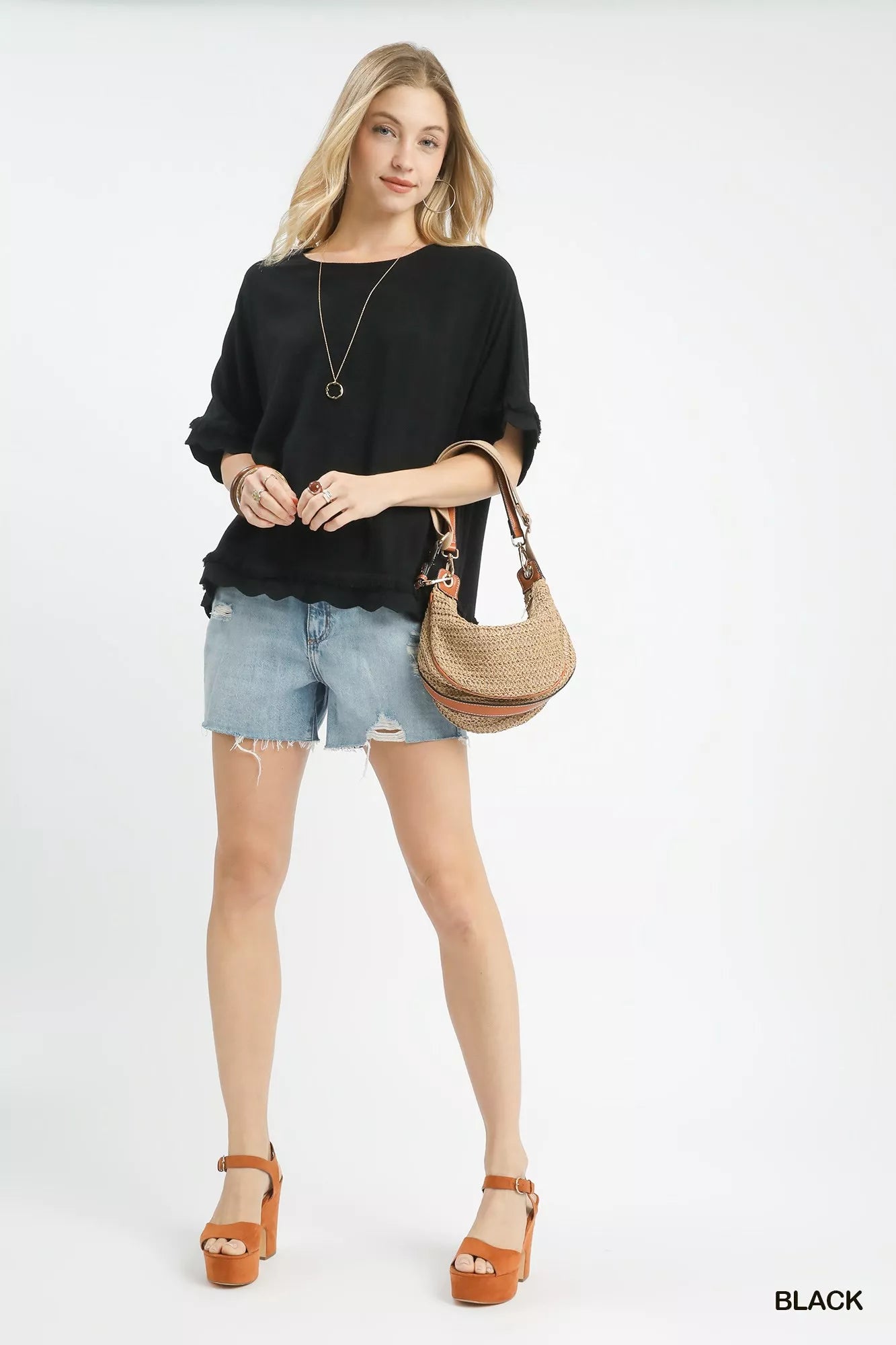 Umgee Linen Frayed Hem Scallop Edge Top