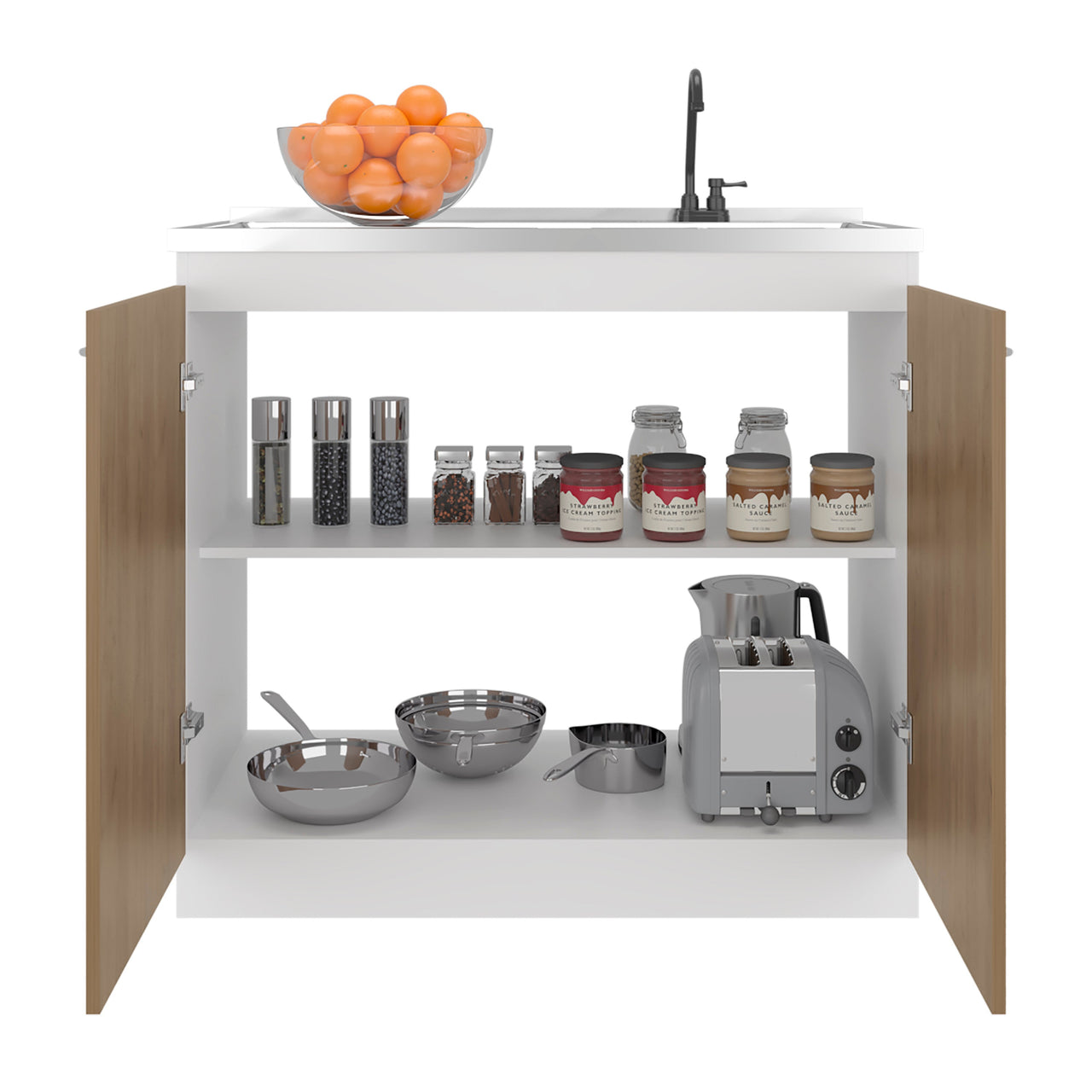 Napoles Utility Sink with Faucet Inclued and Integrated Stainless Steel Counter top, Freestanding cabinet with two doors, Metal Handles and Two interior shelves, Natural+White