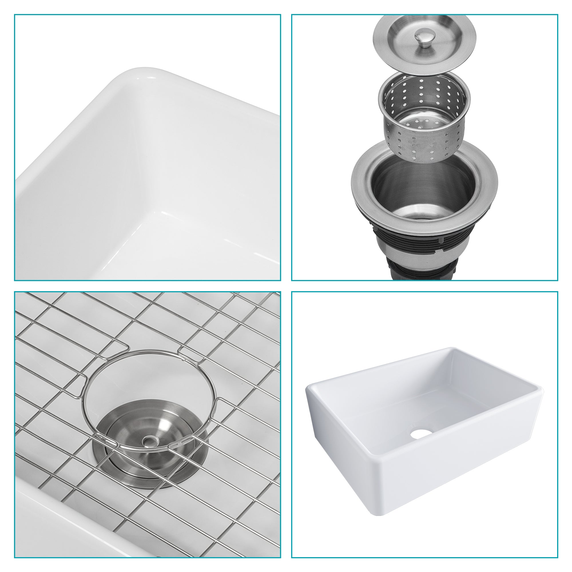 28 Inch White Farmhouse Sink Ceramic Single Bowl with Drain Assembly and Bottom Grid