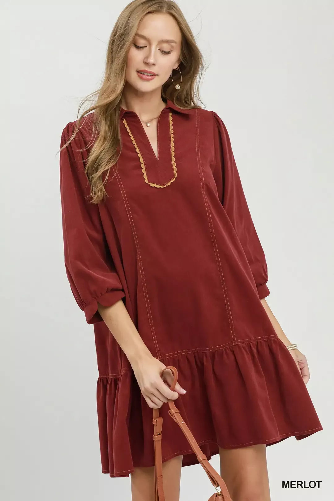 Umgee Corduroy Contrast Trim Tiered Babydoll Dress