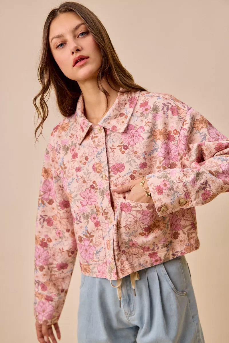 SO ME Floral Print Cotton Twill Button Down Barn Jacket
