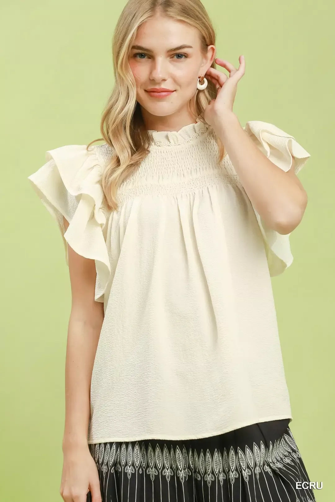 Umgee Smocked Ruffle Sleeve Textured Top