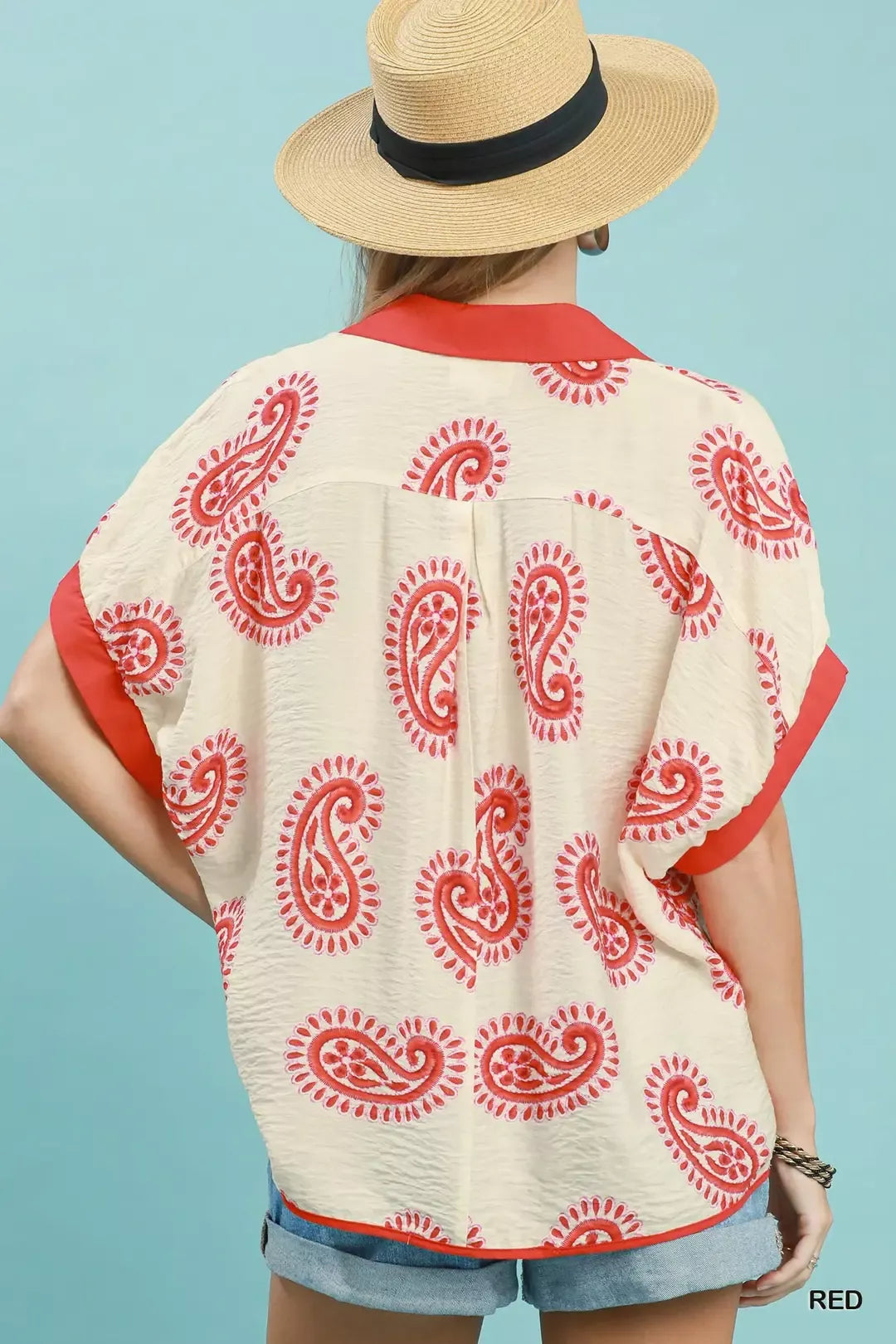 Umgee Paisley Print Contrast Trim Top