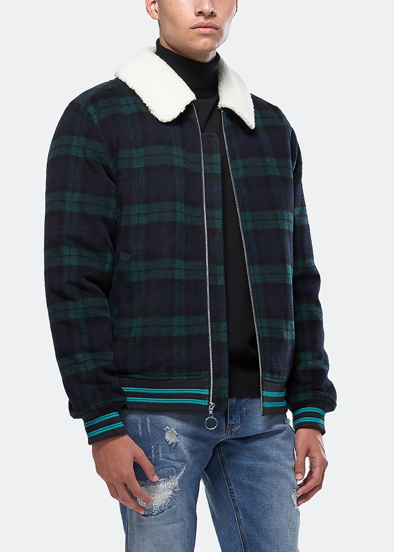 Konus Men's Wool Blend Plaid Jacket with Sherpa Collar in Green